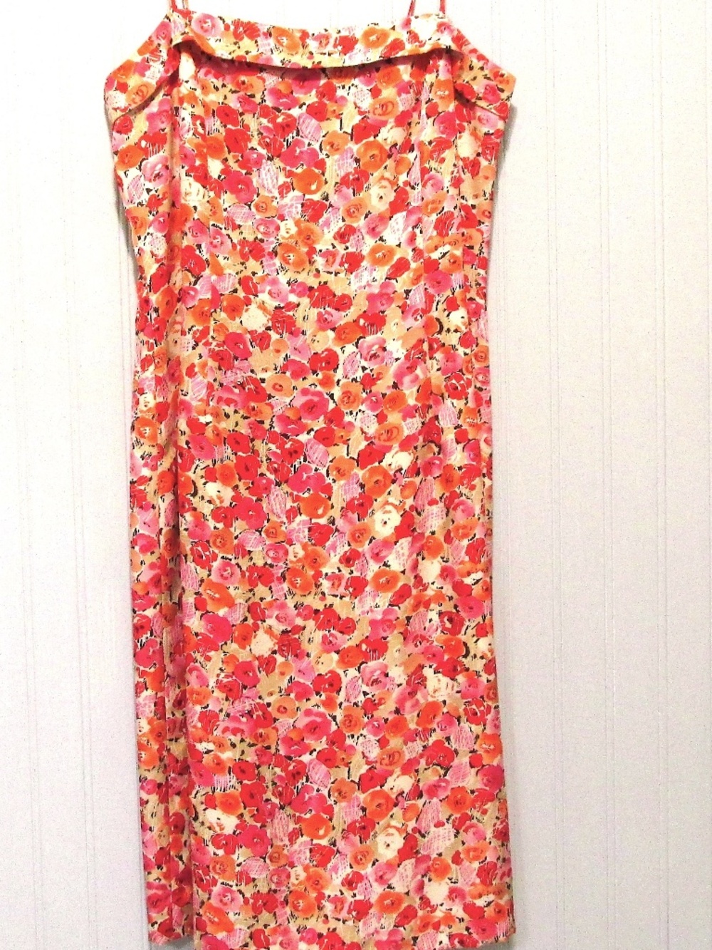 Ann Taylor VTG Ivory Red Pink Orange Floral Spaghetti Straps Silk Dress, Size 6